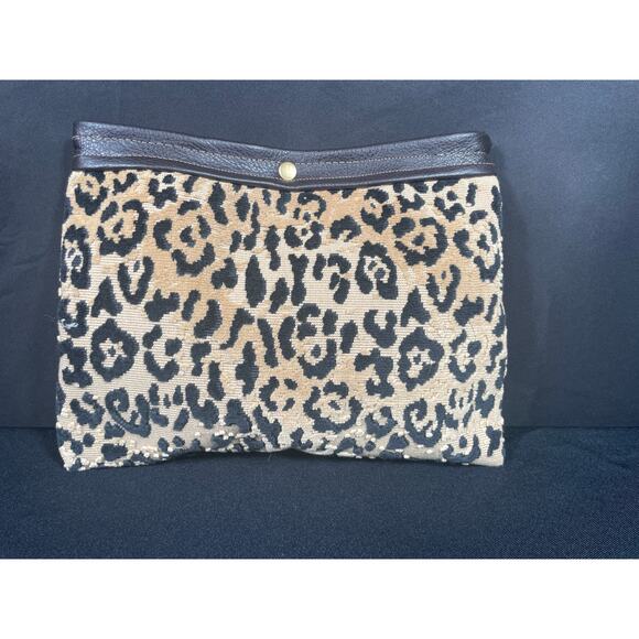 Leopard Clutch with Leather Trim, Handmade Purse, One of a Kind, Lined, Satchel - Picture 1 of 8